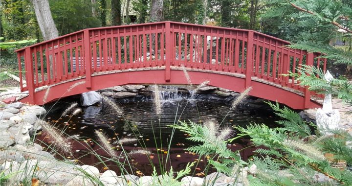 Red wooden bridge over a small pond with water flowing underneath.